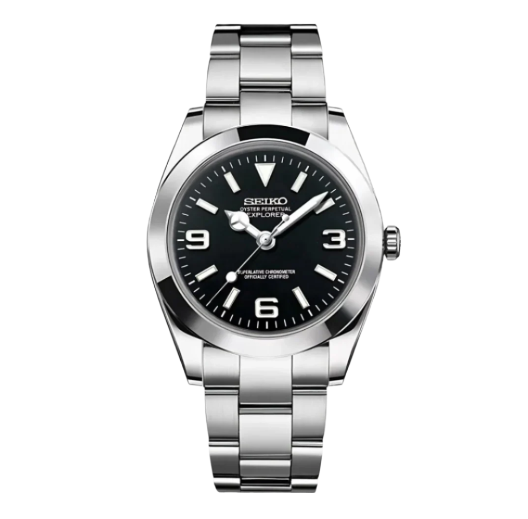 A silver-toned Seiko Mod Explorer watch with a black dial and stainless steel bracelet.