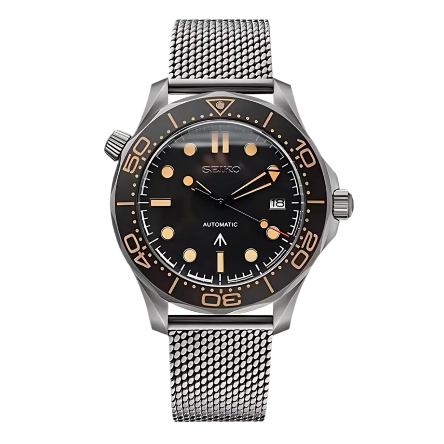 A Seiko Mod Seamaster James Bond 007 watch with a black dial, silver stainless steel band, and orange accents on the bezel and hands. Features 904L premium grade stainless steel and sapphire scratch proof glass with an automatic movement.