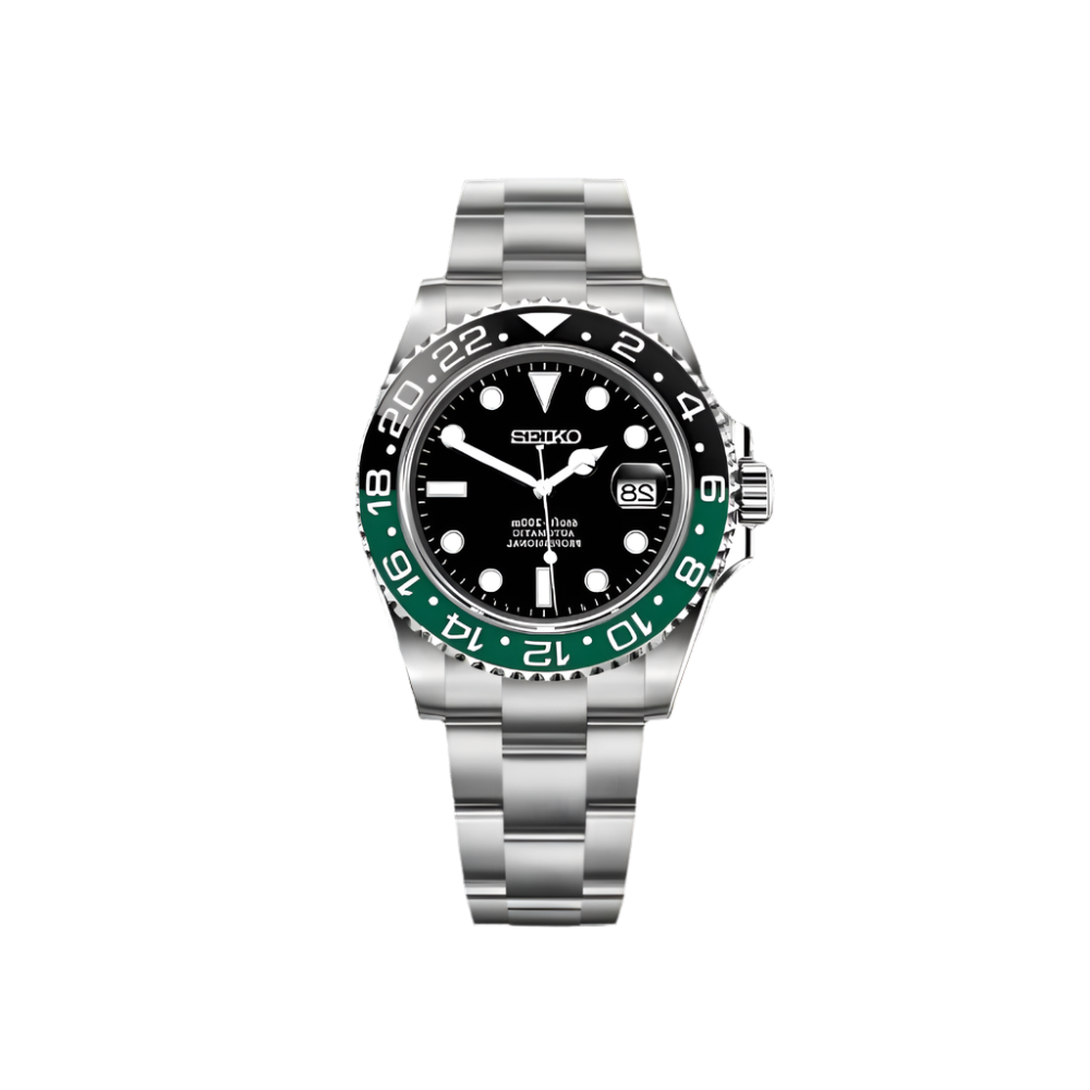A Seiko Mod GMT Sprite watch with a black dial, green and black bezel, and a stainless steel bracelet. 904L High grade stainless steel and sapphire anti reflective anti scratch glass.