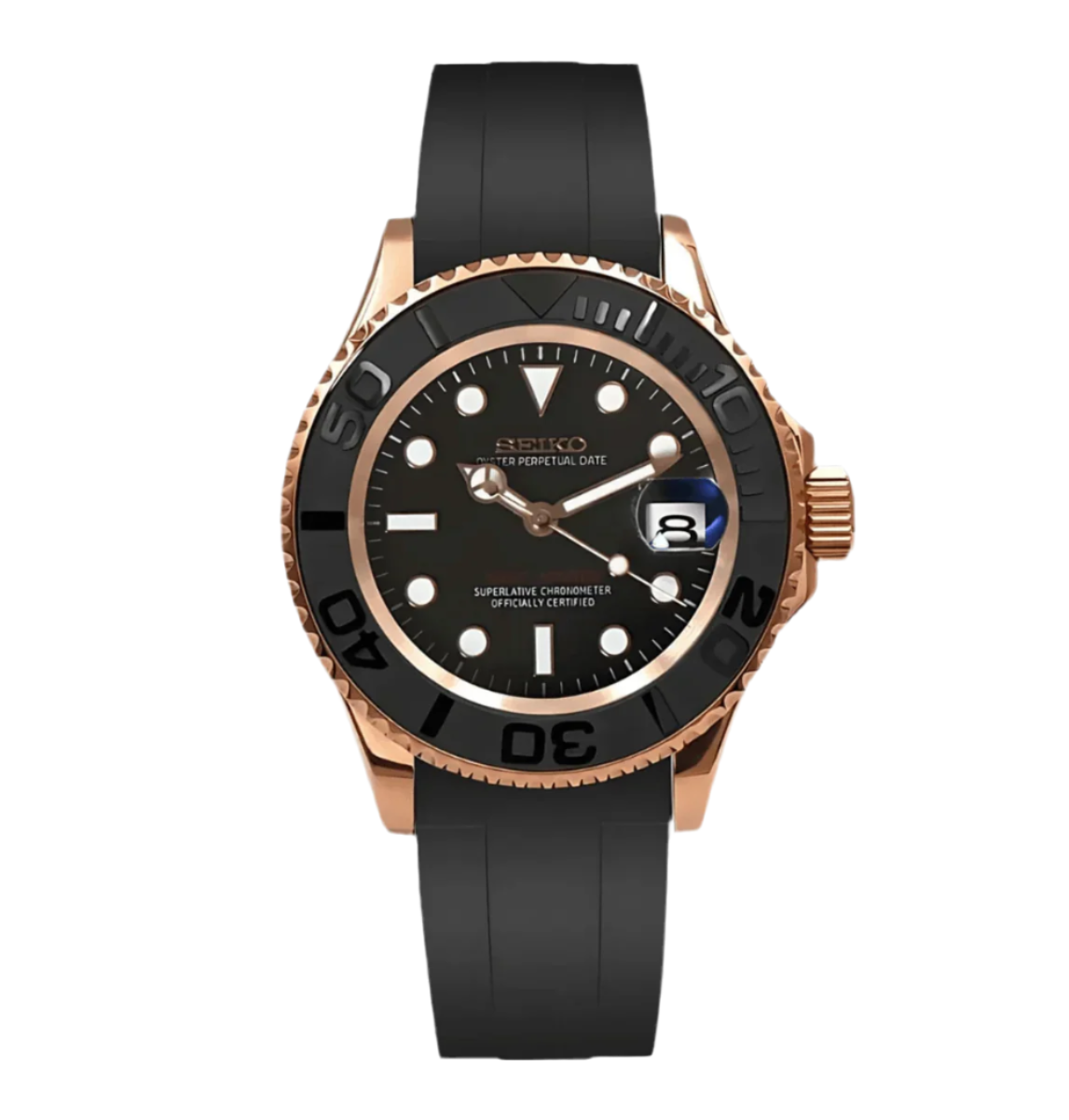 Seiko Mod Yatchmaster with an oysterflex rubber bracelet and a rose gold stainless steel case. Features 904L premium grade stainless steel and sapphire scratch proof glass with an automatic movement.
