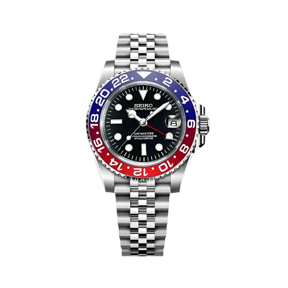 A Seiko Mod GMT Pepsi with a blue and red bezel made by DHWATCHMODS. Premium quality 904L stainless steel and sapphire crystal.