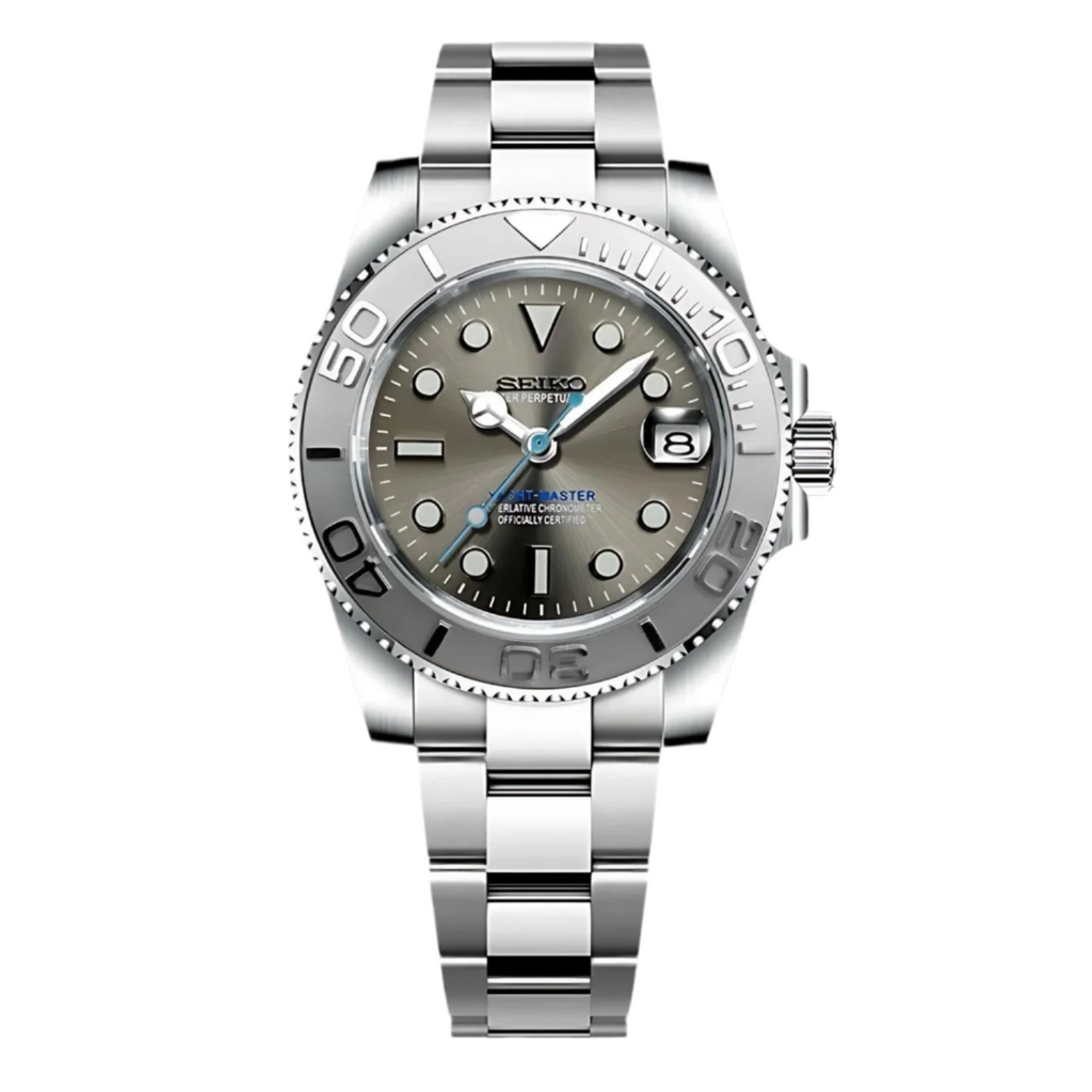 A silver-colored Yatchmaster Seiko Mod  watch with a stone grey Rhodium dial and a stainless steel oyster bracelet. Features 904L premium grade stainless steel and sapphire scratch proof glass with an automatic movement.