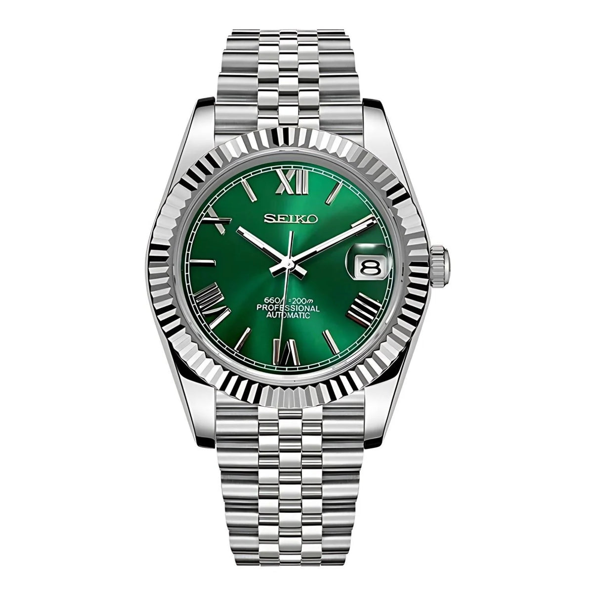 A silver-toned Seiko watch with a green dial and Roman numerals, featuring a stainless steel bracelet and a fluted bezel.