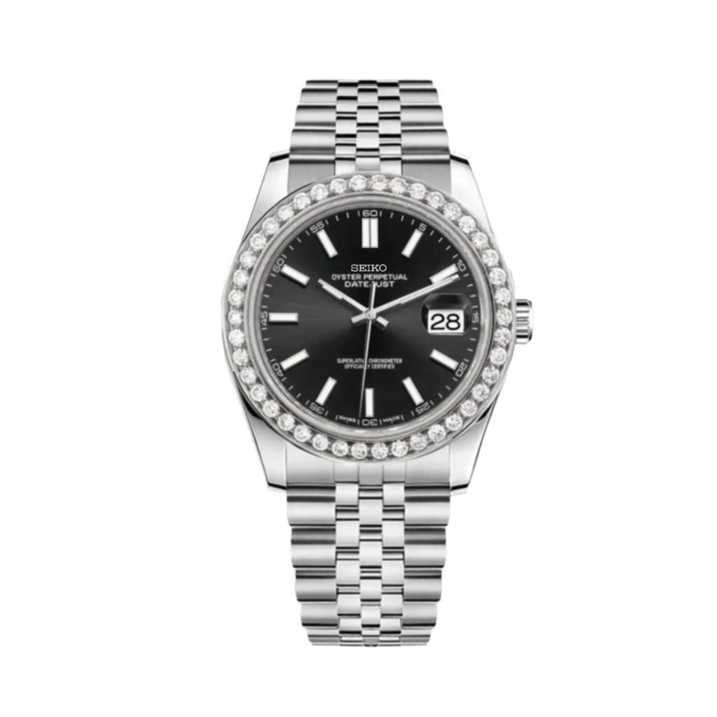 A Datejust Seiko Mod Silver watch with a black dial, diamond encrusted bezel, and a stainless steel bracelet. Features 904L premium grade stainless steel and sapphire scratch proof glass with an automatic movement.