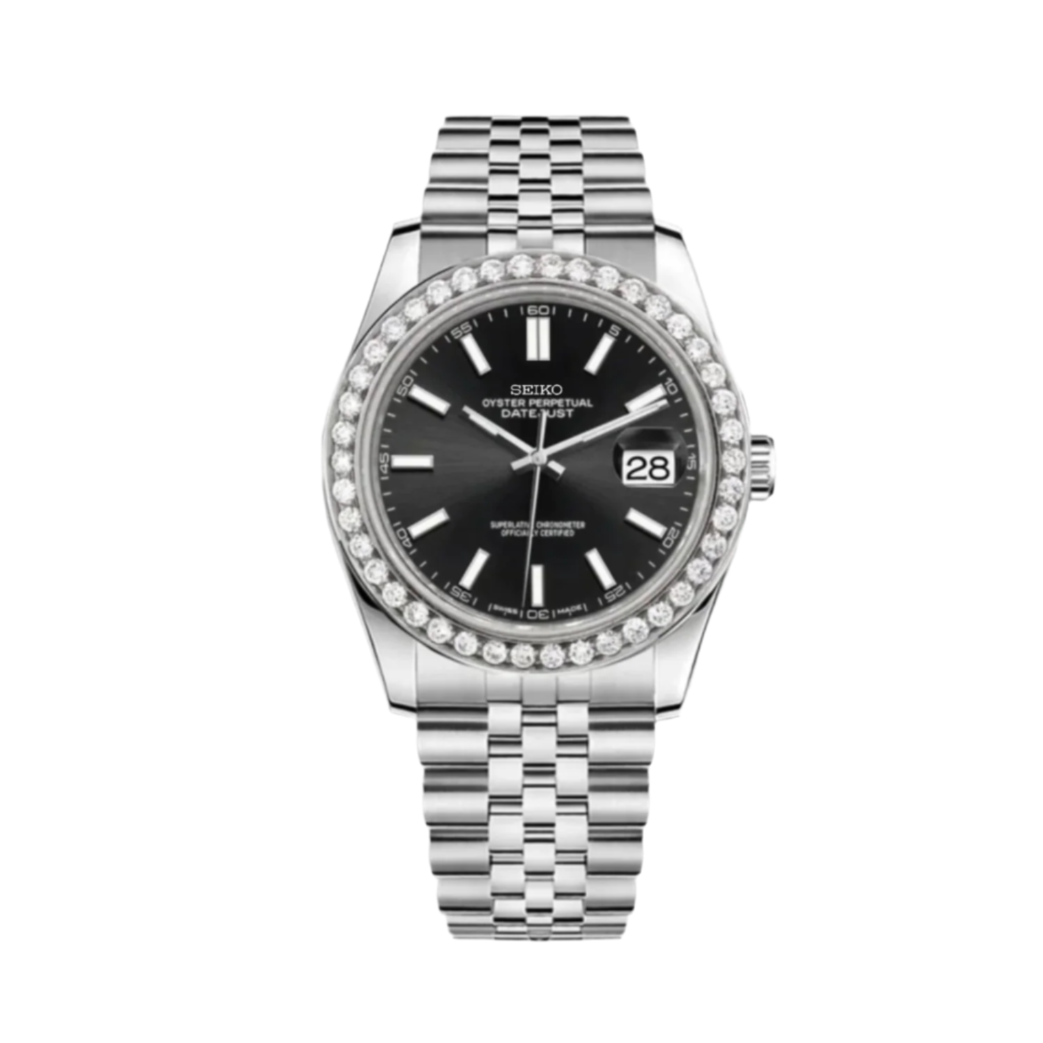 A Datejust Seiko Mod Silver watch with a black dial, diamond encrusted bezel, and a stainless steel bracelet. Features 904L premium grade stainless steel and sapphire scratch proof glass with an automatic movement.