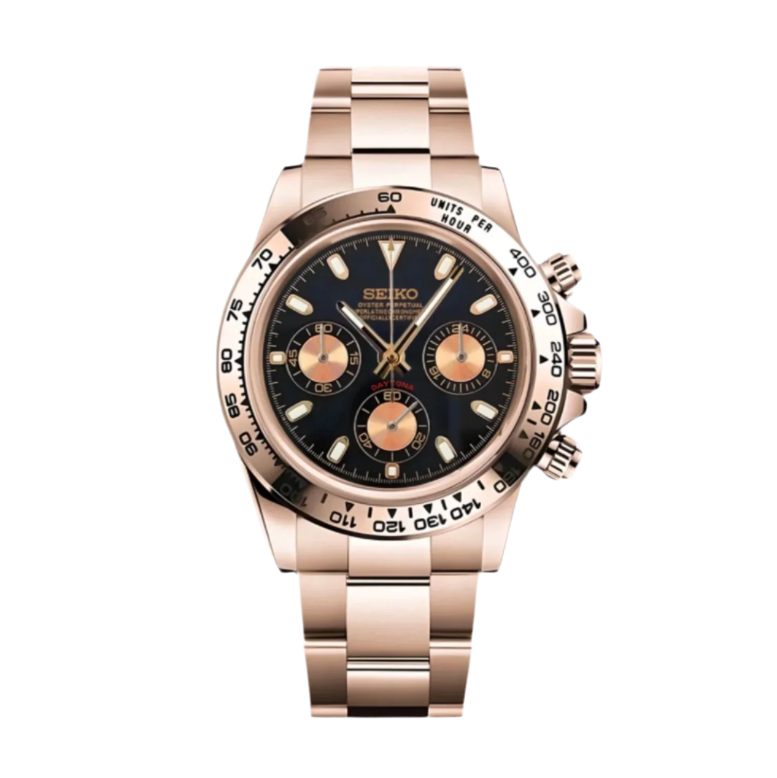 Rose gold Seiko Mod Daytona watch with a black dial. Quartz hybrid movement, 904L premium grade stainless steel and sapphire scratch proof glass.