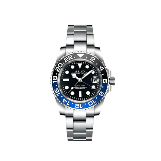 A Seiko Mod GMT Batman made by DHWATCHMODS. Featuring a black GMT dial with GMT MASTER II blue writing with stainless steel high grade- 904L. Automatic Seiko Movement.