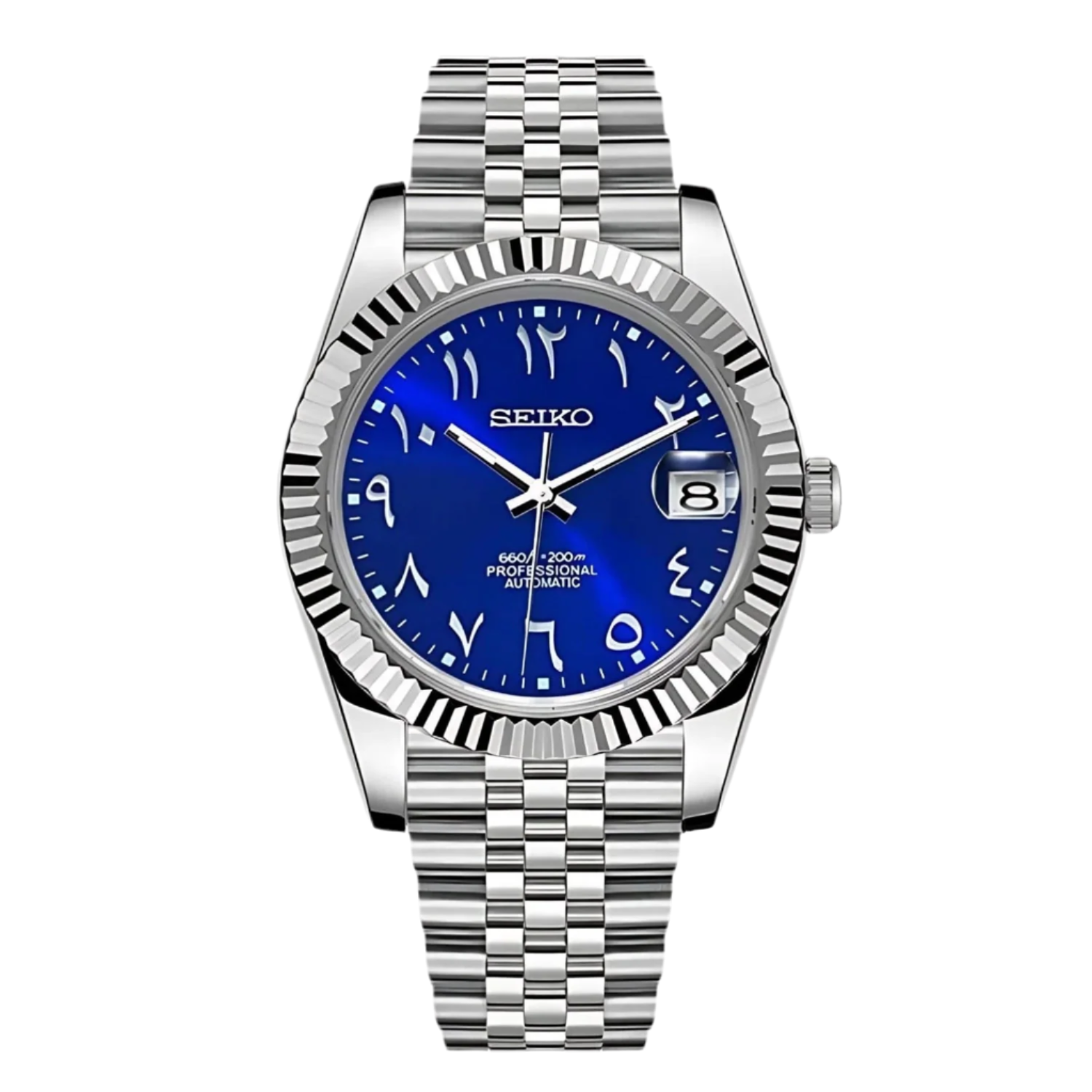 A Seikojust Seiko Mod silver watch with a blue Arabic dial and a Jubilee bracelet. Premium grade parts 904L stainless steel.