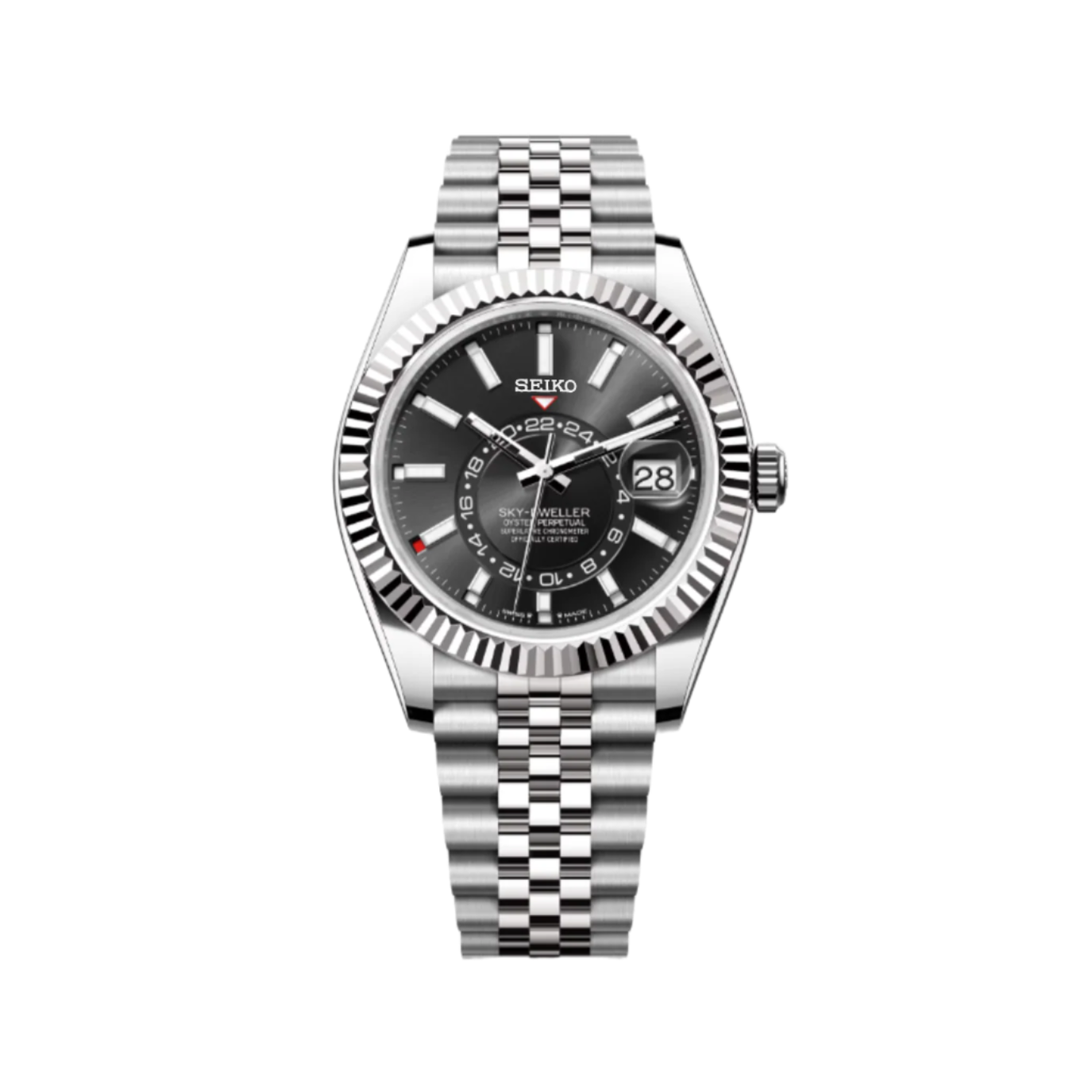 A silver and black Seiko Mod Sky dweller watch with a stainless steel bracelet and a date display.