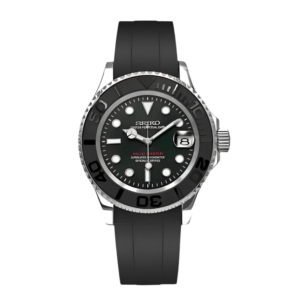 A black and silver Seiko Mod Yatchmaster mod with a rubber Oysterflex bracelet and a stainless steel case. Features 904L premium grade stainless steel and sapphire scratch proof glass with an automatic movement.