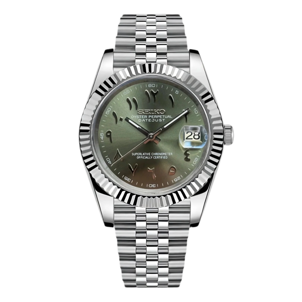 A silver-colored Seikojust watch with an olive green dial and Arabic numerals, featuring a sapphire crystal case and a stainless steel bracelet.