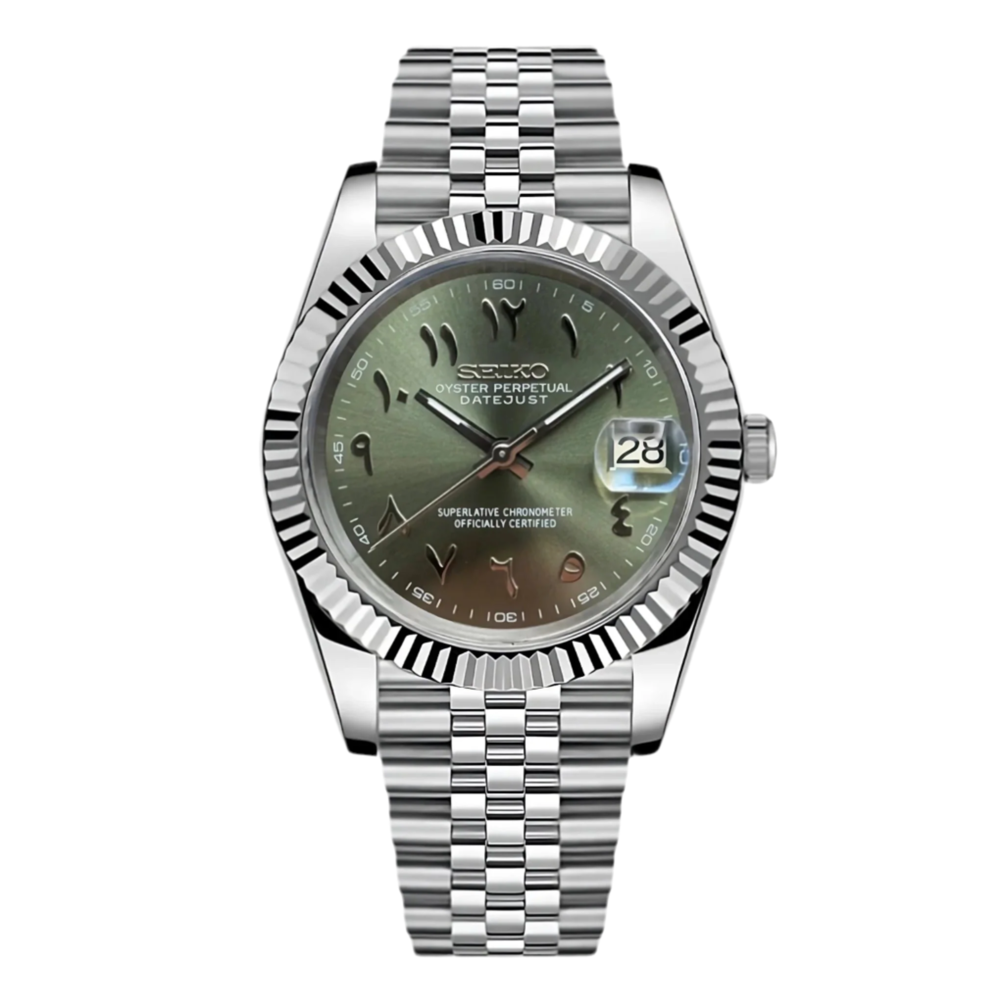 A silver-colored Seikojust watch with an olive green dial and Arabic numerals, featuring a sapphire crystal case and a stainless steel bracelet.