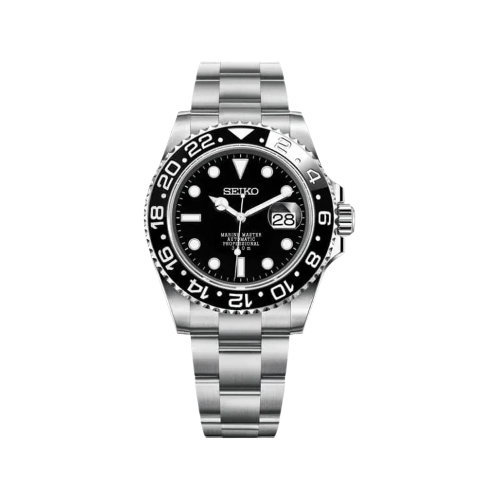 A Master Black GMT Seiko Mod watch with a black dial, silver bracelet, and black rotating bezel. Features 904L premium grade stainless steel and sapphire scratch proof glass with an automatic movement.