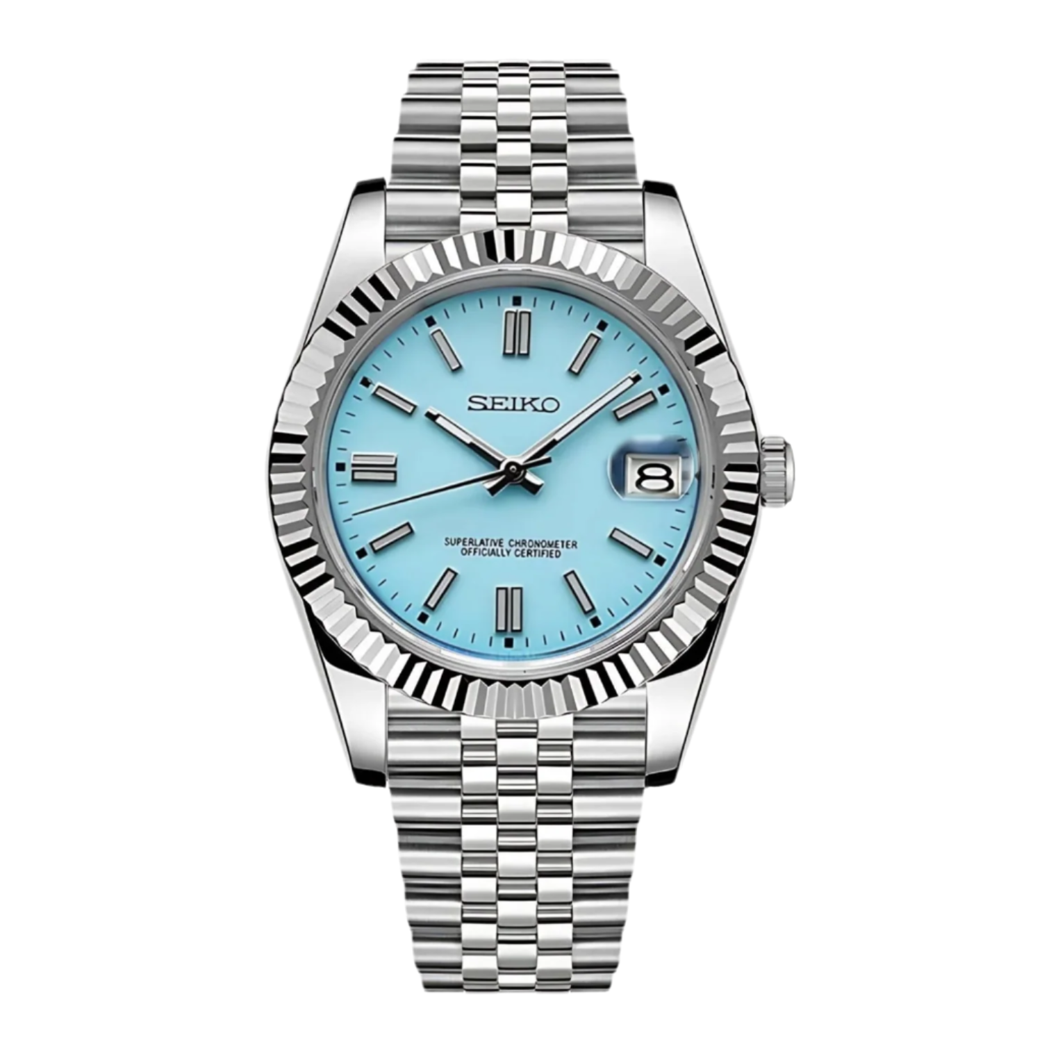 A Datejust Seiko Mod watch with a baby blue champagne dial, Jubilee bracelet, and a stainless steel case. Features 904L premium grade stainless steel and sapphire scratch proof glass with an automatic movement.