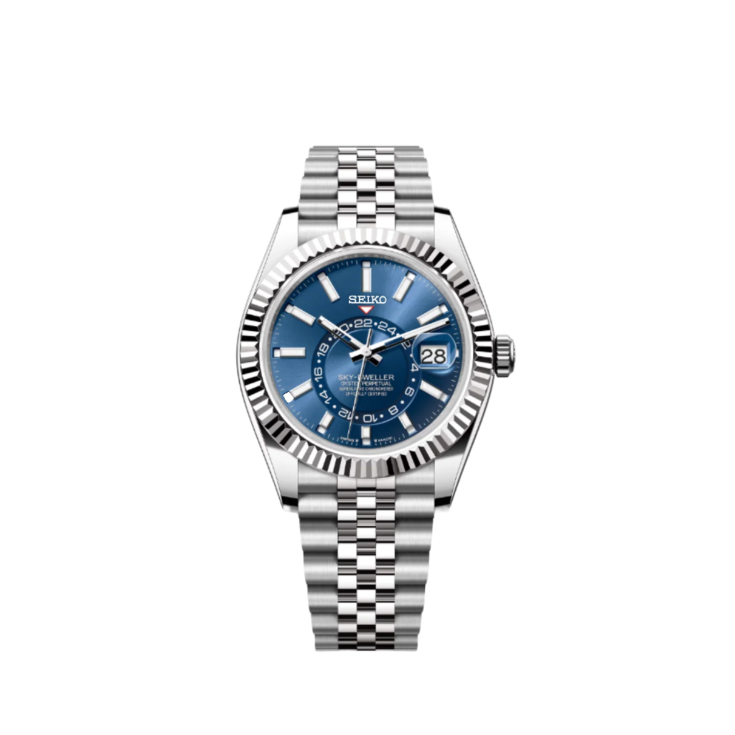 A silver-toned watch with a blue dial and a stainless steel bracelet, featuring a date display and a screw-down crown.