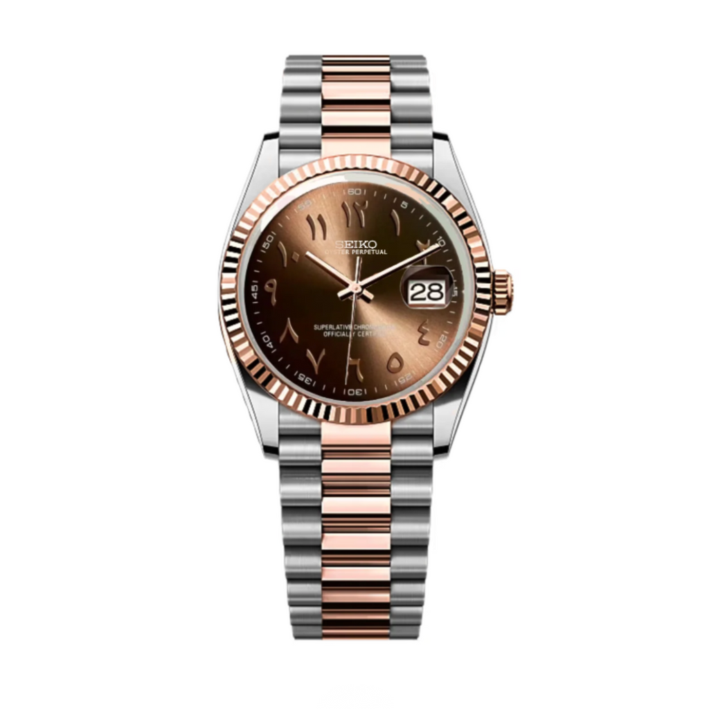 Luxury Seiko Mod watch with rose gold and silver band on a brown chocolate arabic dial.