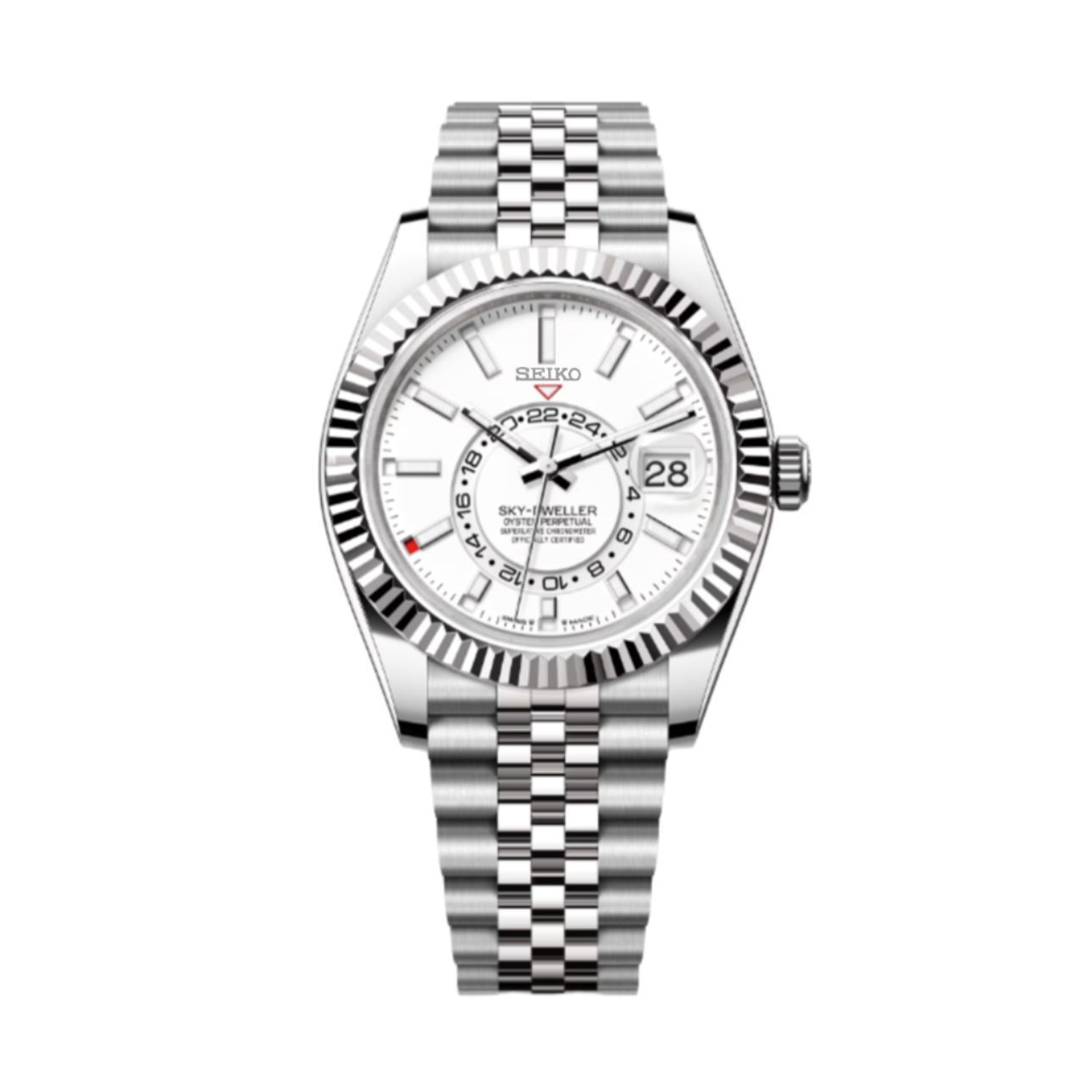 A silver-colored automatic Seiko Mod Sky Dweller watch with a white dial and a stainless steel Jubilee bracelet, inspired by the iconic datejust design.